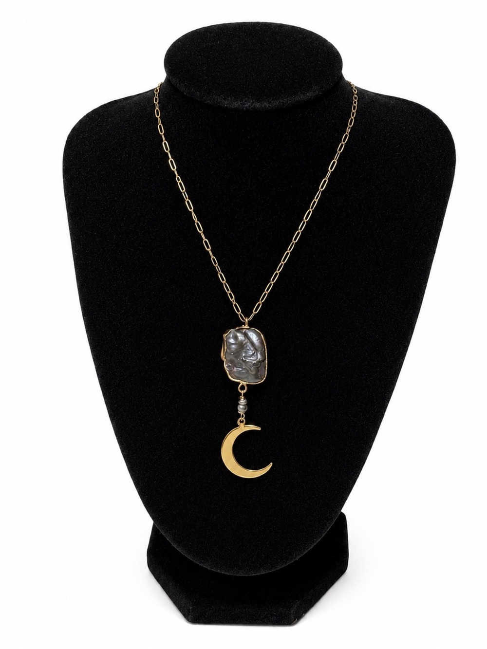 Gold Crescent Moon Pendant Necklace with Dark Pearl Accent‼️HANDMADE‼️